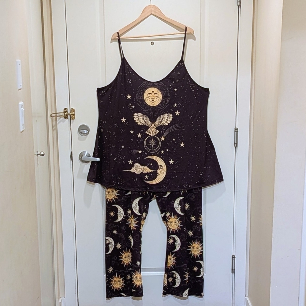 EUC SHEIN 5X Witchy Goth Sun Moon and Stars Wide Leg Co-ord Set